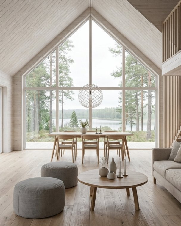Lyse, luftige stue med store vinduer som gir flott utsikt og naturlig lys, perfekt for avslapning og sosiale sammenkomster.