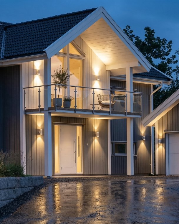 Dette bildet viser et moderne, opplyst hus med stor balkong og store vinduer, perfekt for arkitektonisk visualisering og eiendomsmarkedsføring.