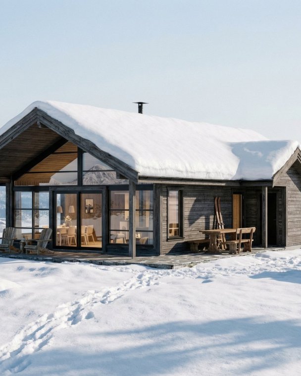 En moderne hytte med store vinduer omgitt av snø, ideell for vinterferie i fjellet.