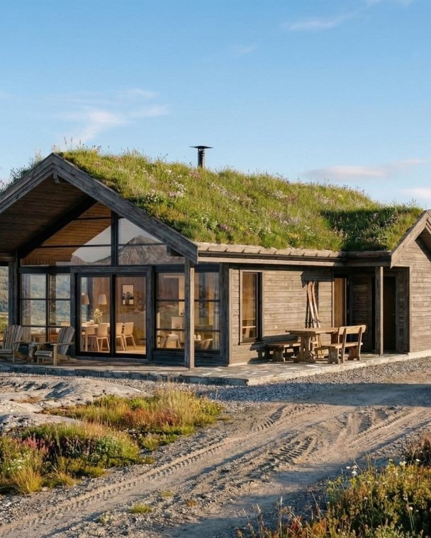 Moderne hytte med grønt tak, store vinduer og utendørs sitteplass i fjellandskap, ideell for avslapning og naturopplevelser.