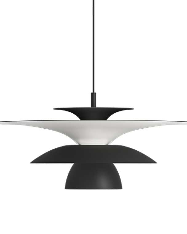 Kunstnerisk taklampe i svart og hvitt, ideell for moderne interiørdesign i stue eller spisestue.