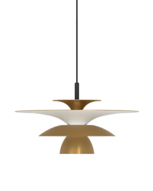 Stilren taklampe med gull- og hvite elementer, perfekt for moderne interiørdesign.