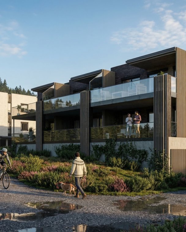 Nydelig boligkompleks med store balkonger, moderne design og vakker utsikt over naturen, perfekt for komfort og livskvalitet.
