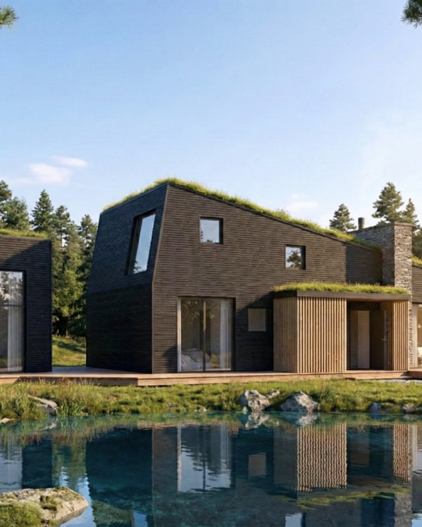 Arkitektonisk design av moderne hytte i naturskjønt område med vannspeil.
