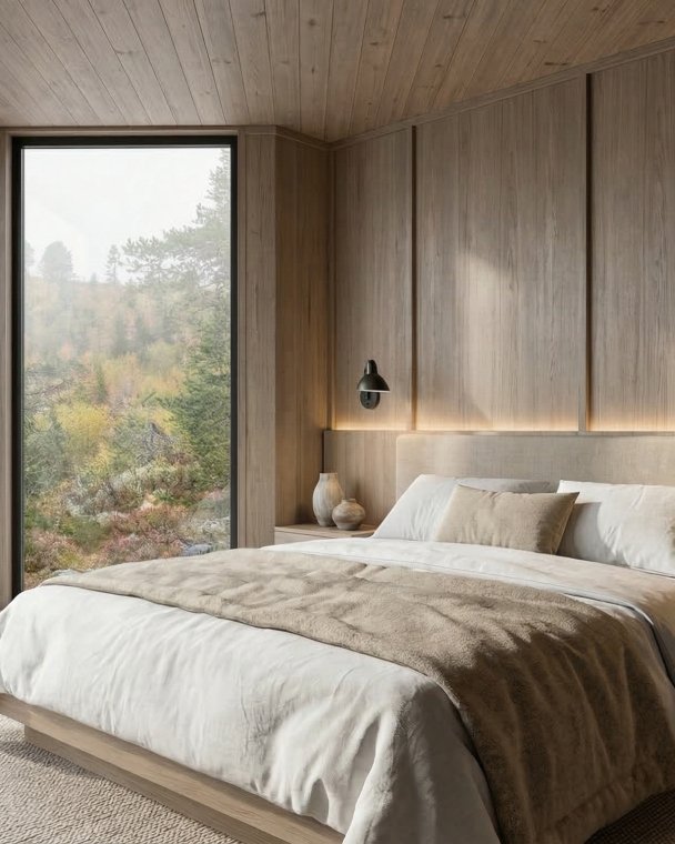 Soverom med store vinduer som slipper inn rikelig med naturlig lys og gir utsikt mot naturen.