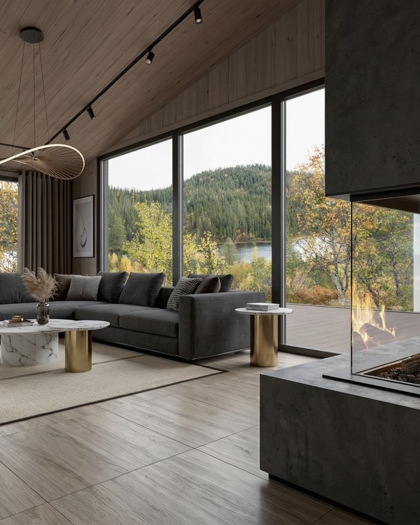 Stue med moderne design, peis og store vinduer som slipper inn rikelig med naturlig lys og gir flott utsikt.