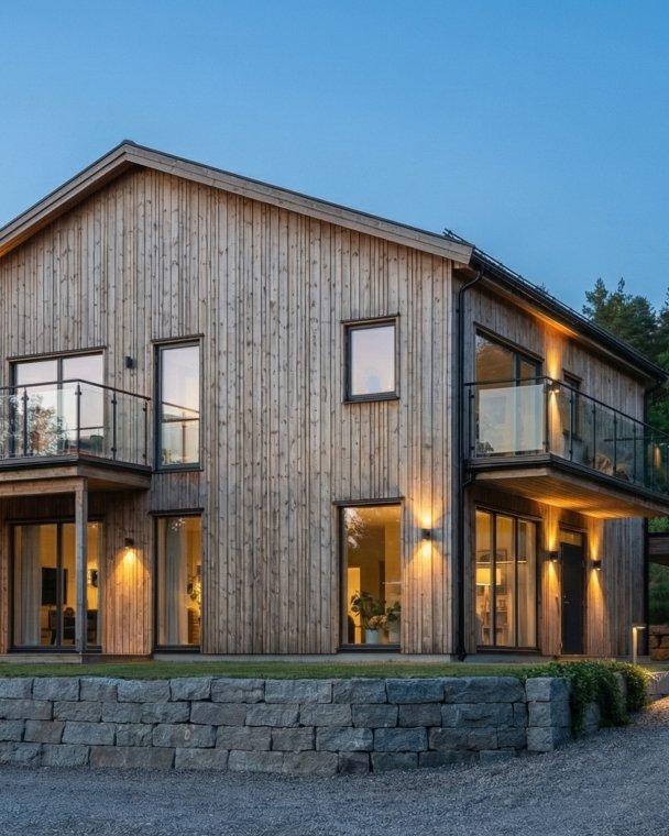 Stilfullt moderne trehus med store vinduer, balkonger og garasje, plassert i naturskjønne omgivelser. Perfekt for moderne boligdrømmer.