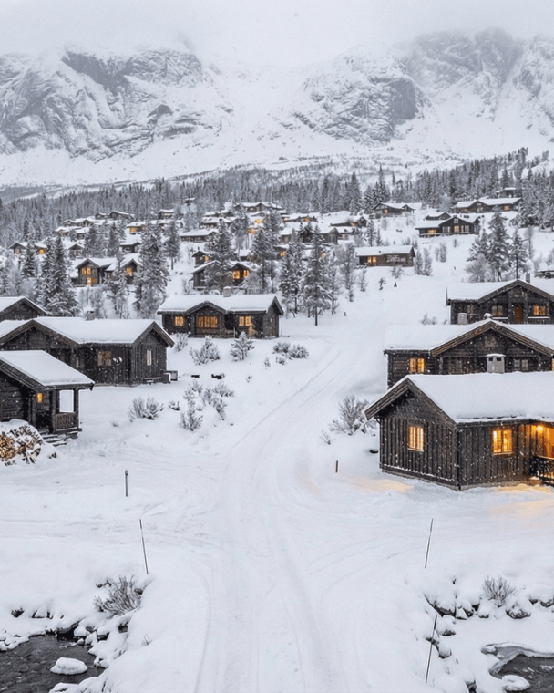 Vinterlandskap med koselige hytter i snø, omgitt av fjell og skog. Ideell for vinterferie, ski og fjellopplevelser i Norge.