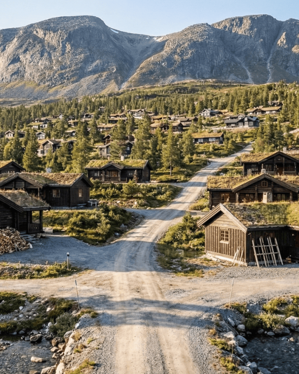 En rolig fjellbygd med tradisjonelle trehytter, omgitt av skog og majestetiske fjell, ideell for friluftsliv og avkobling.