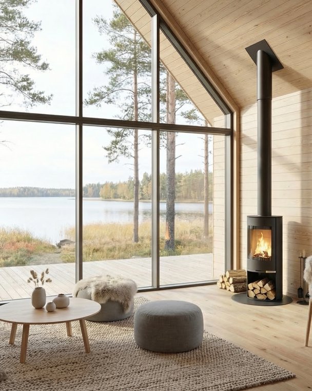 Lys og luftig stue med store vinduer, moderne peis og komfortable møbler, perfekt for avslapning og naturopplevelser.