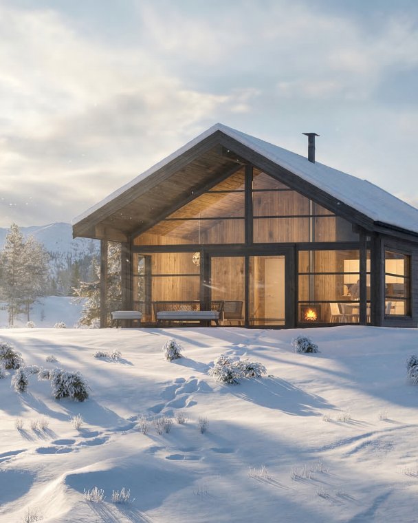 Vinterhytte i snødekt landskap med store vinduer og panoramautsikt, ideell for vinterferie i fjellet.