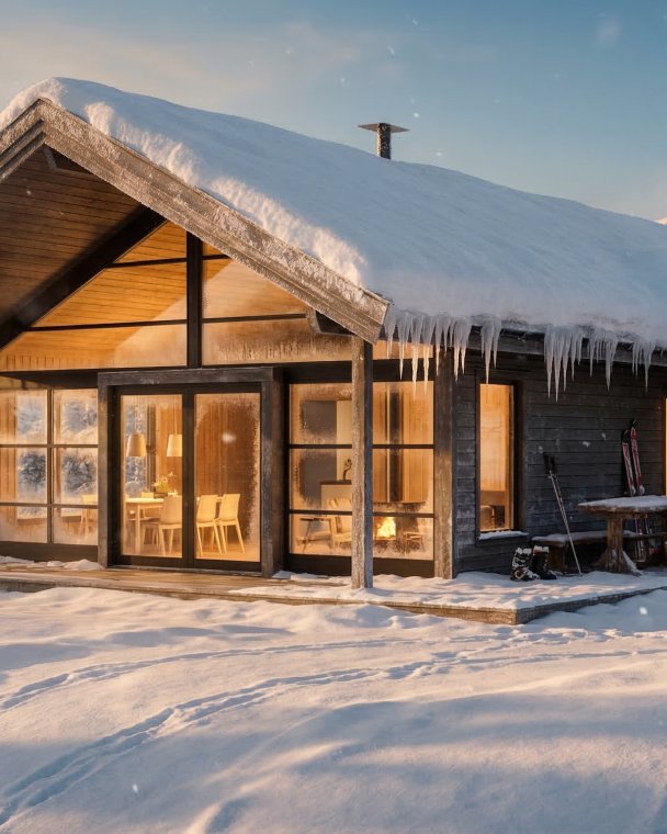 En koselig vinterhytte i snølandskapet med store vinduer som slipper inn naturlig lys, omgitt av snø og vinterlandskap.