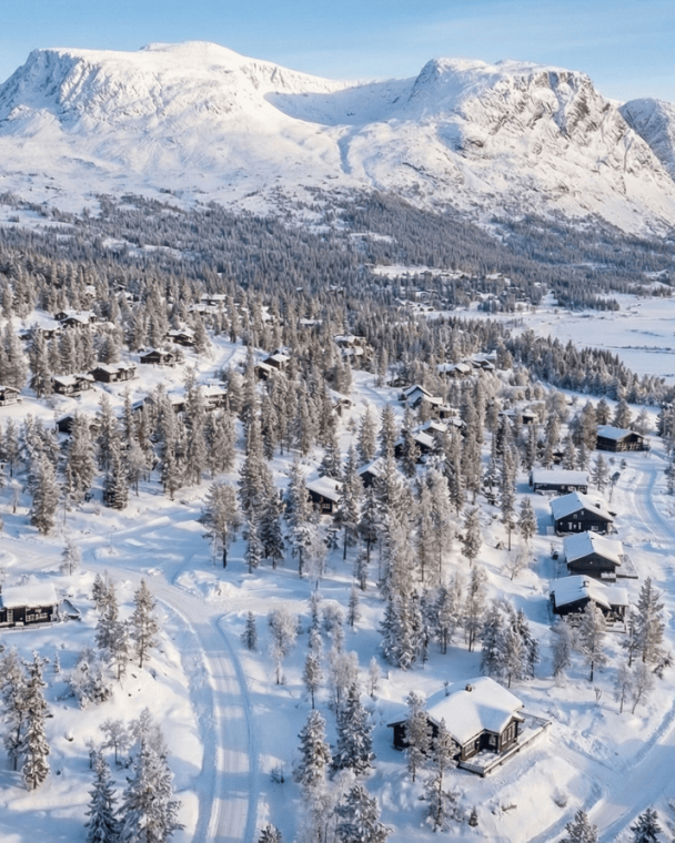 Vinterlandskap med snødekte hytter, trær og fjell i bakgrunnen, skaper en fredelig og naturskjønn atmosfære.
